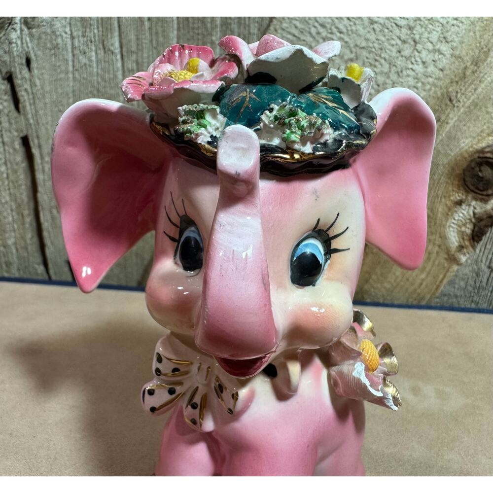 Vintage Pink Elephant with Bow Flowers Figurine Kitschy
